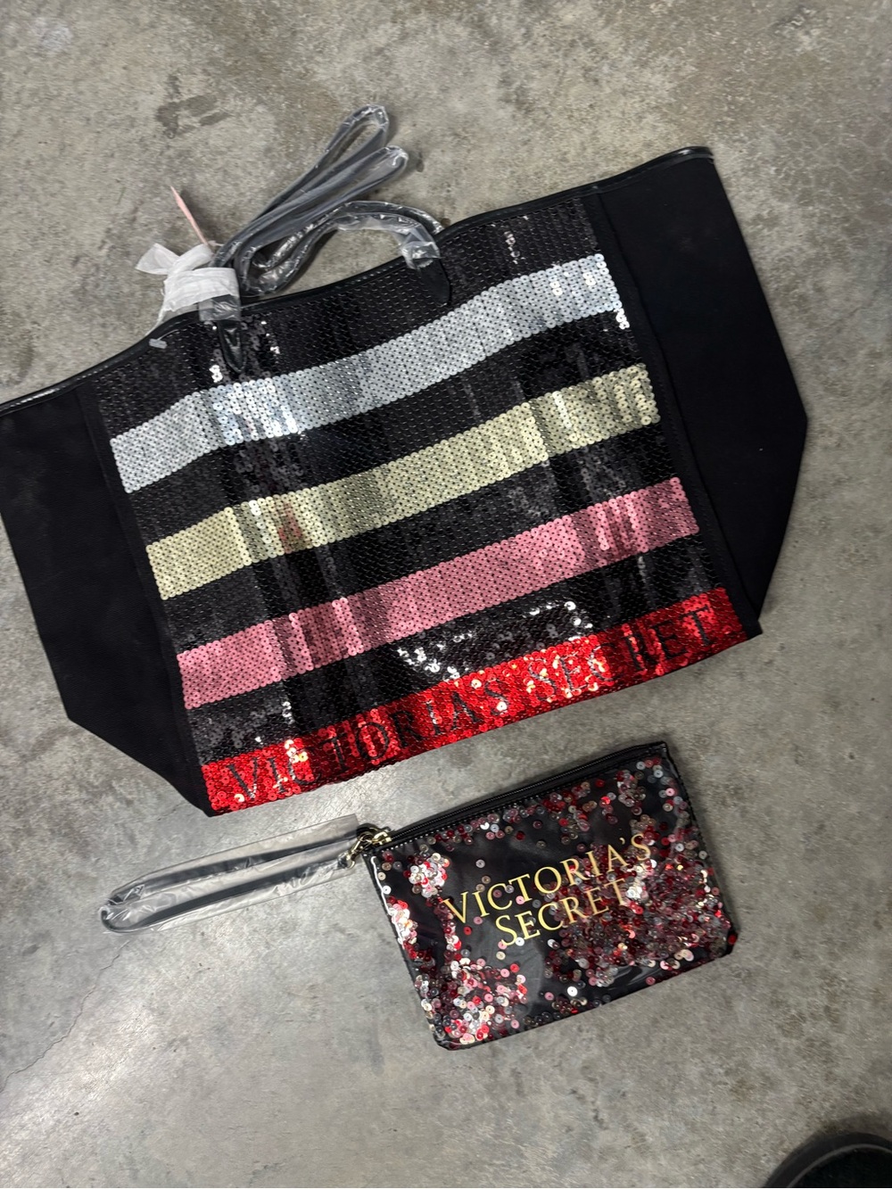 Victoria's Secret Black Sequin Stripe Tote with Pink, Red and Silver Accents